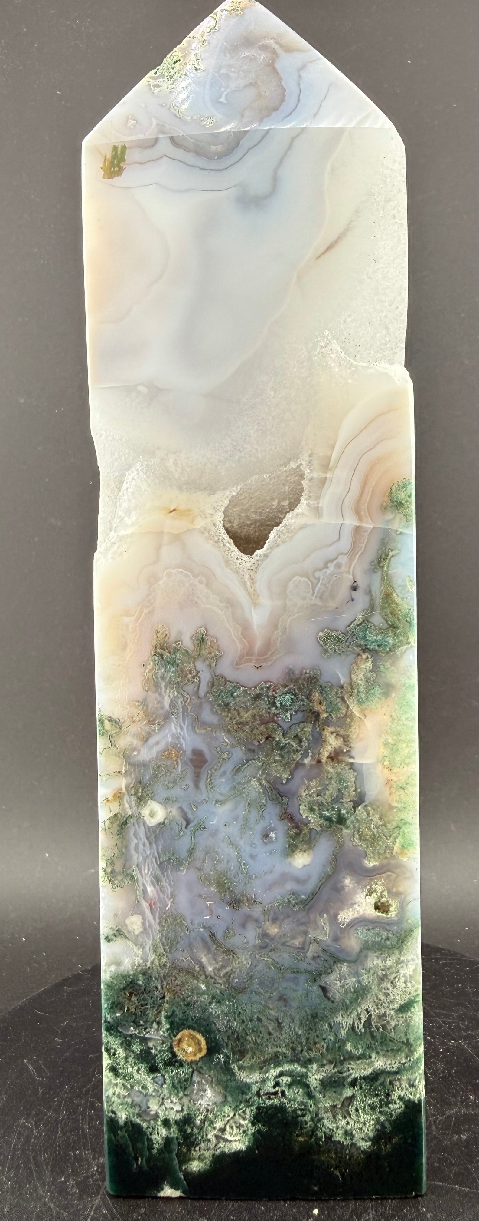 Moss Agate with Druzy Quartz | Blue Phosphorescent Tower | Brazil