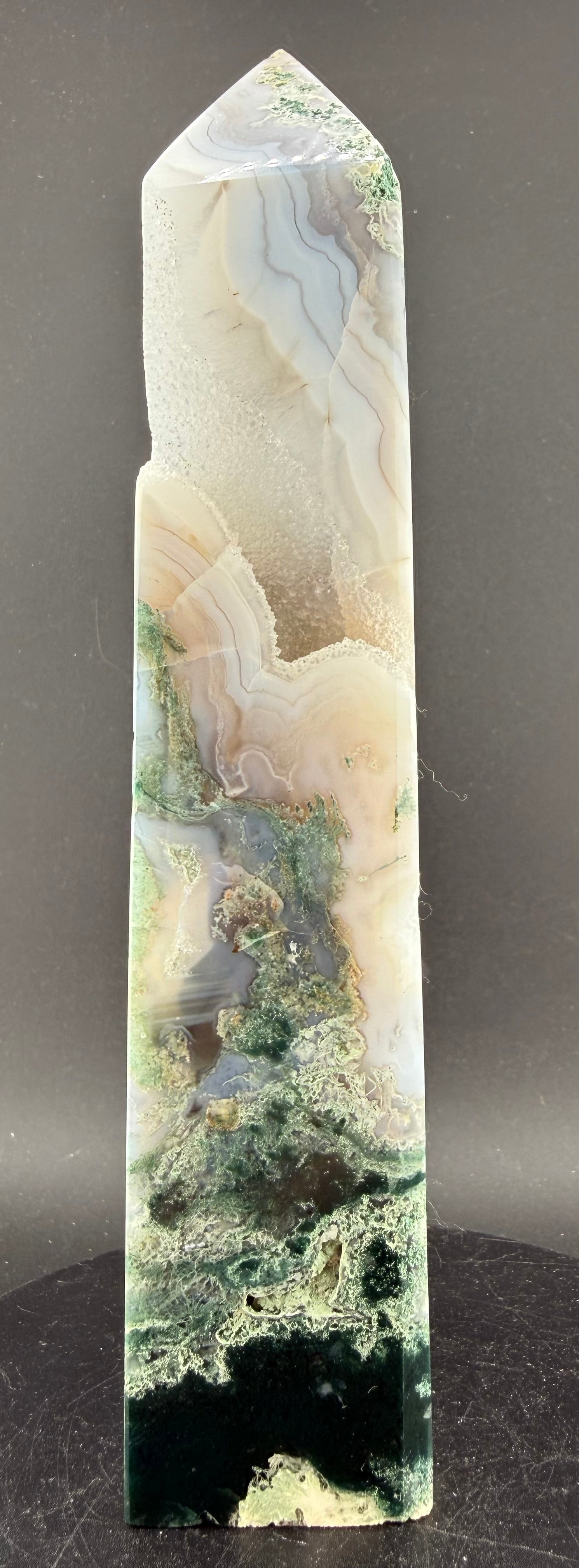 Moss Agate with Druzy Quartz | Blue Phosphorescent Tower | Brazil
