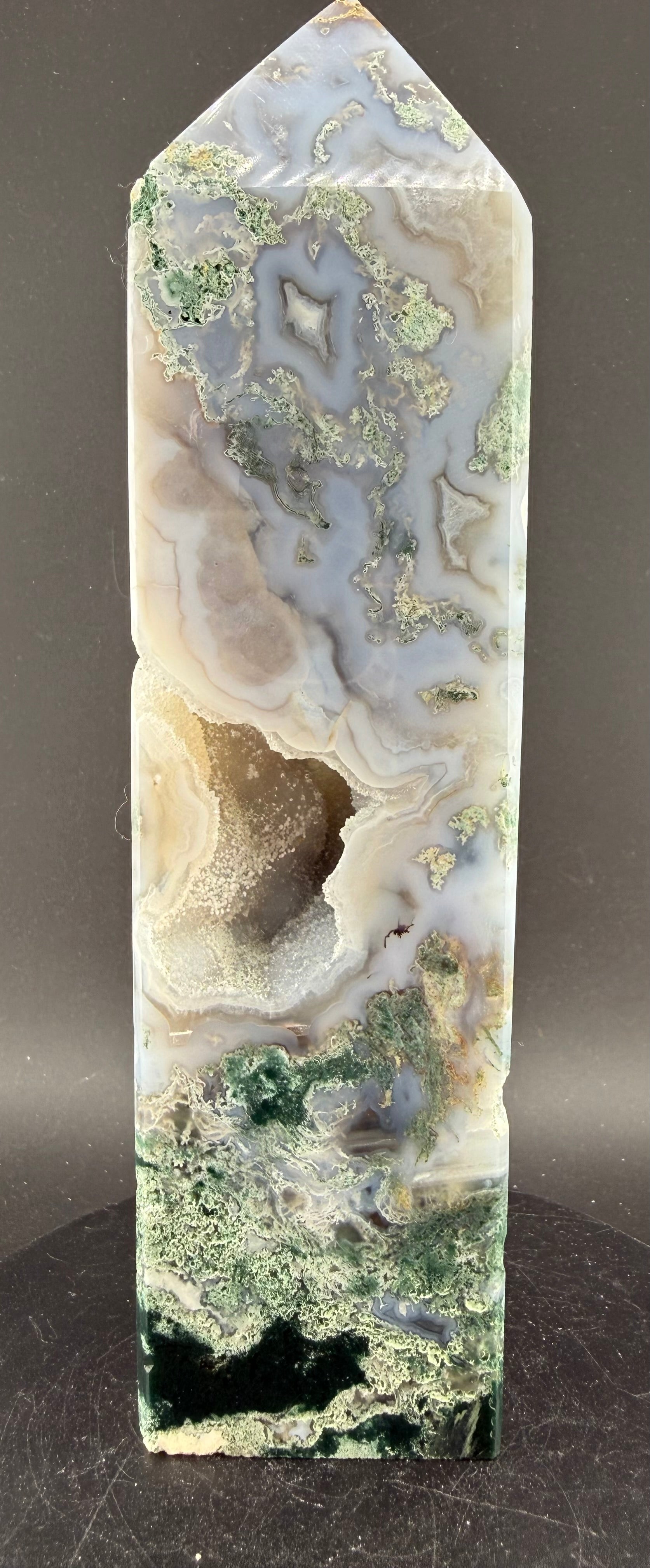 Moss Agate with Druzy Quartz | Blue Phosphorescent Tower | Brazil