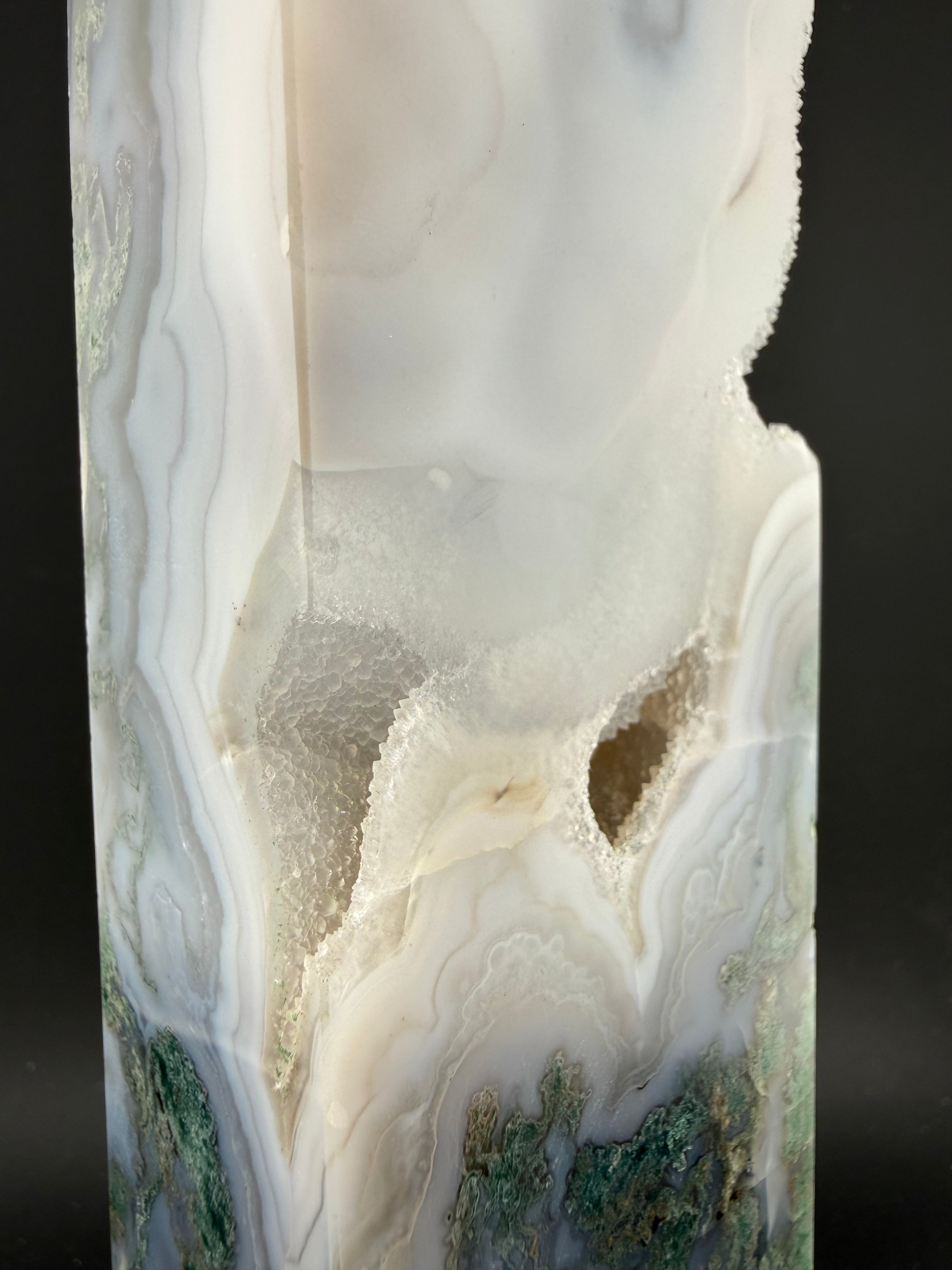 Moss Agate with Druzy Quartz | Blue Phosphorescent Tower | Brazil