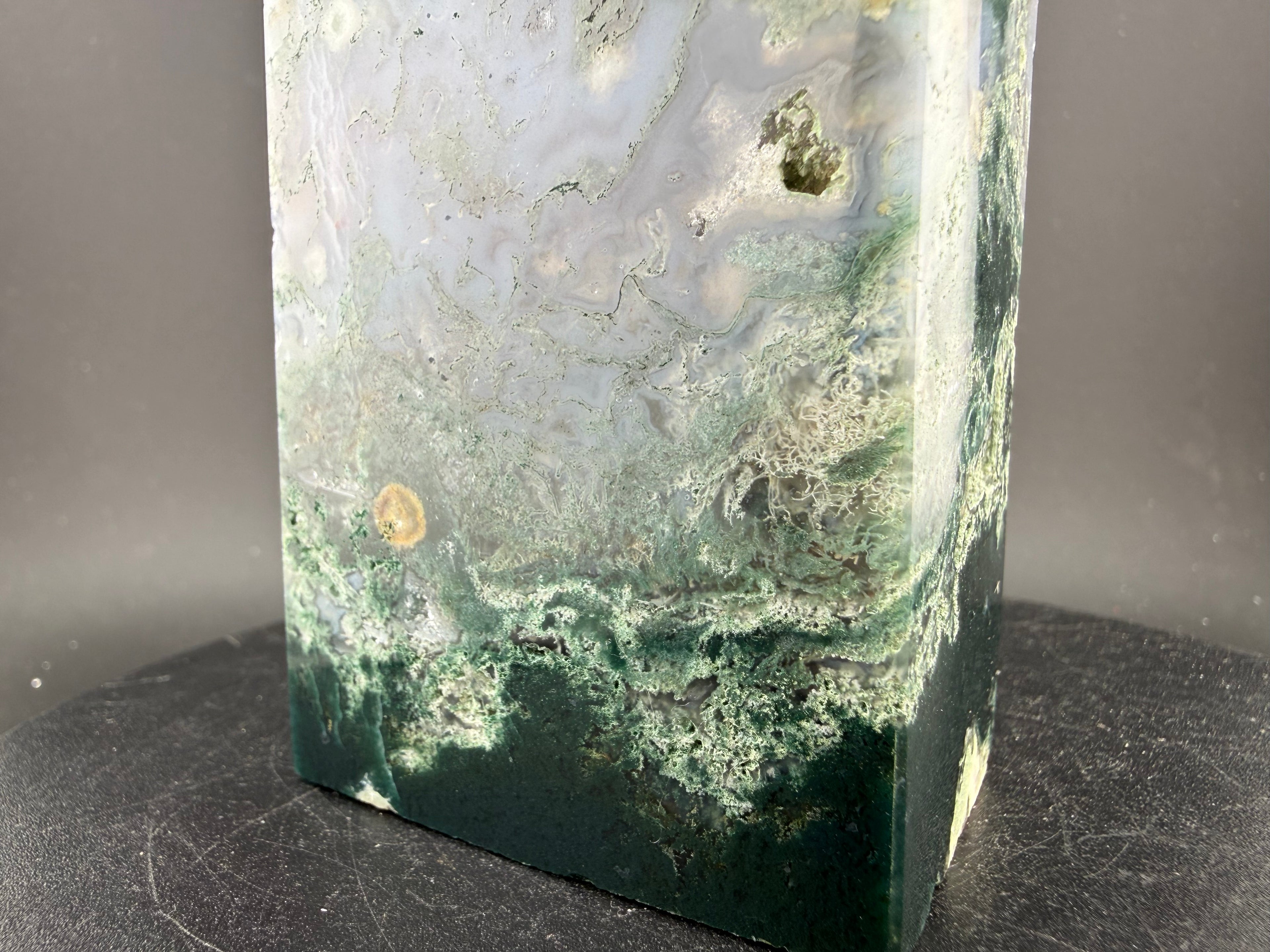 Moss Agate with Druzy Quartz | Blue Phosphorescent Tower | Brazil